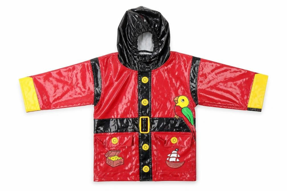 Front view of Preworn boys’ red rain coat coat, size S, - pirates