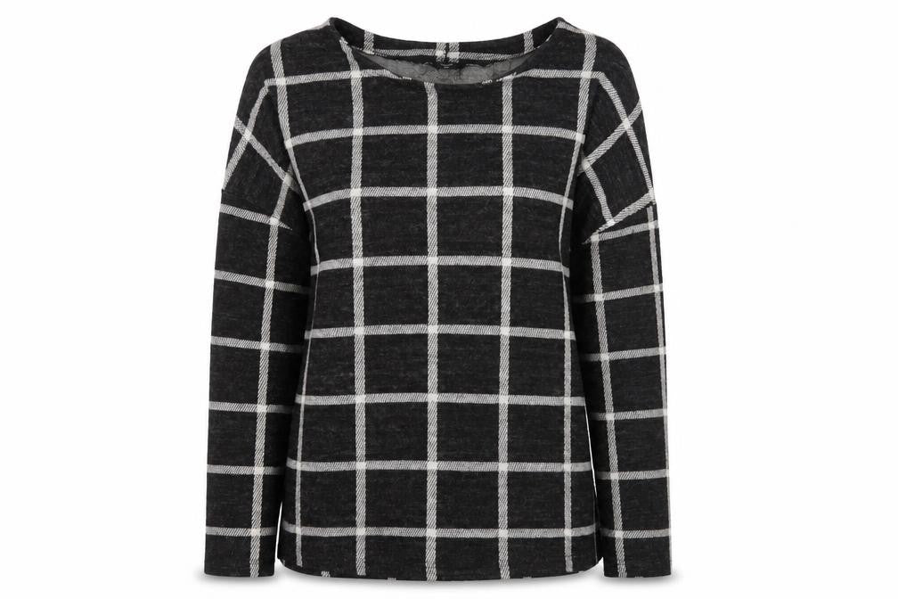 Front view of M&Co women’s black plaid basic t-shirt, size UK 14