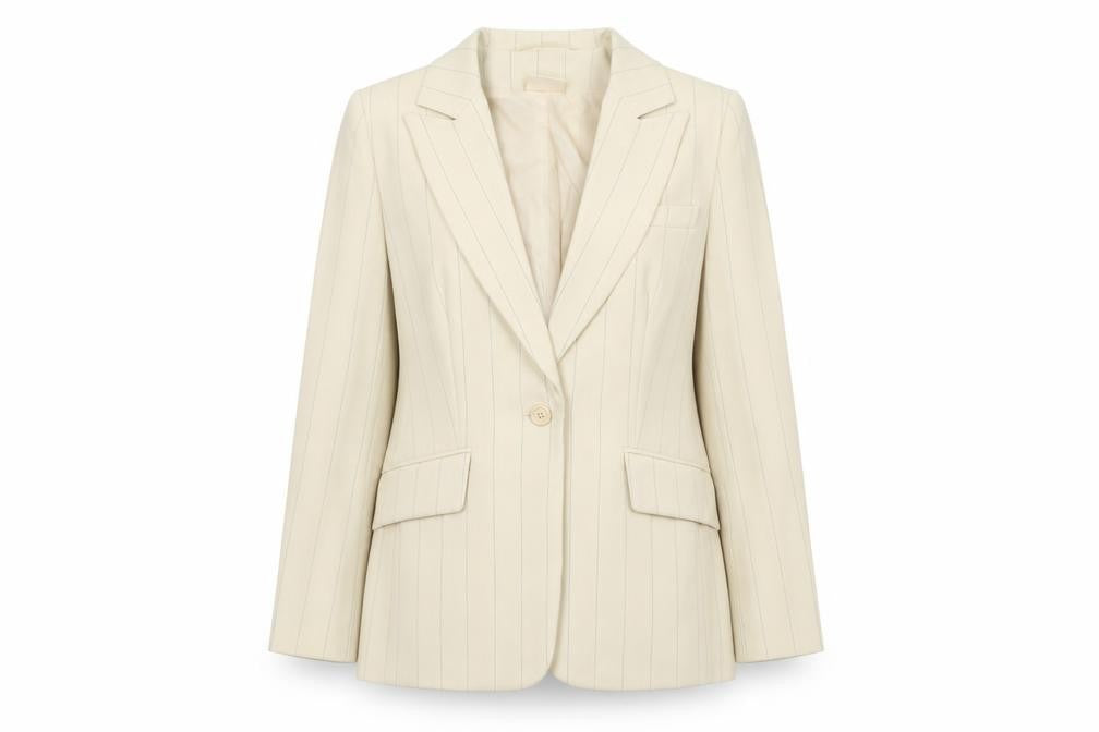 Front view of For Women women’s beige striped jacket blazer, size UK 14