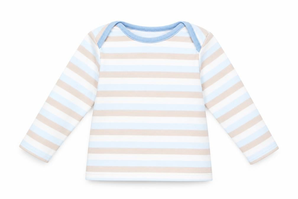 Front view of Marks & Spencer boys’ blue striped basic t-shirt, size 3-6, months