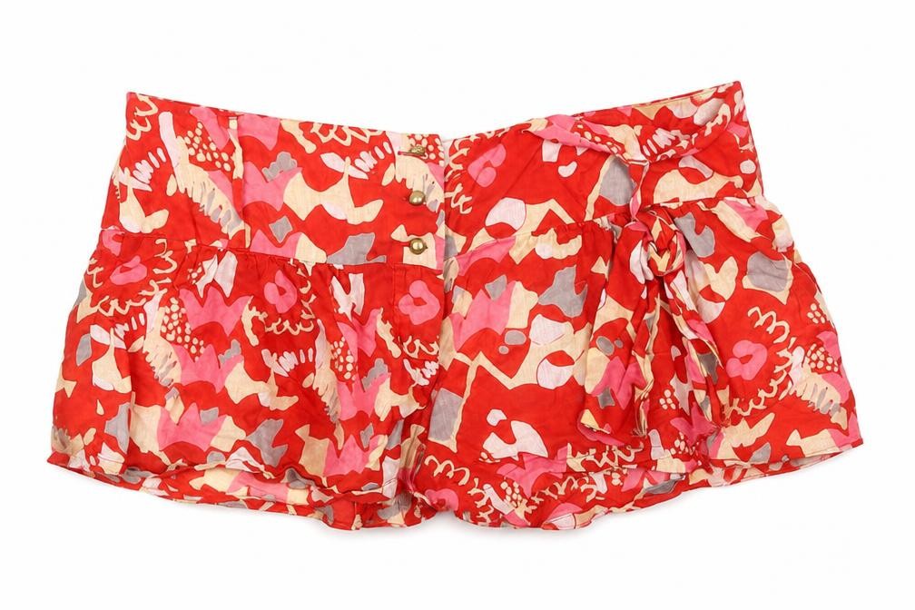 Front view of French Connection women’s red geometric hot pants shorts, size S