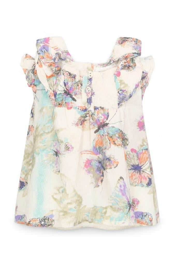 Front view of Peacocks girls’ beige geometric basic blouse, size 9-12, months