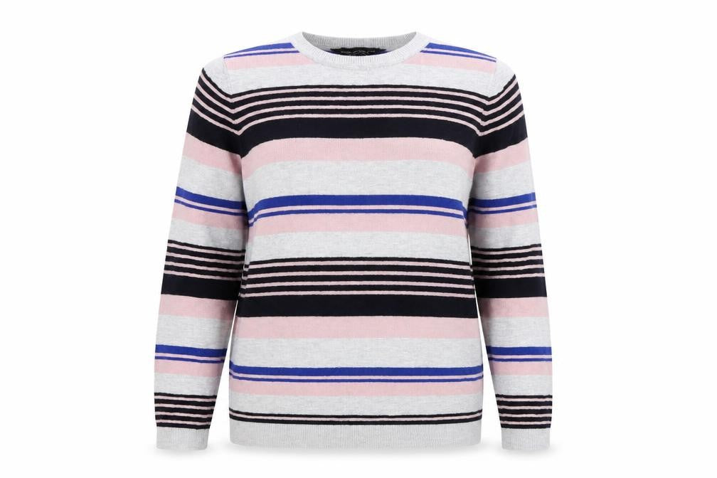 Front view of Dorothy Perkins women’s multicoloured striped jumper, size UK 12