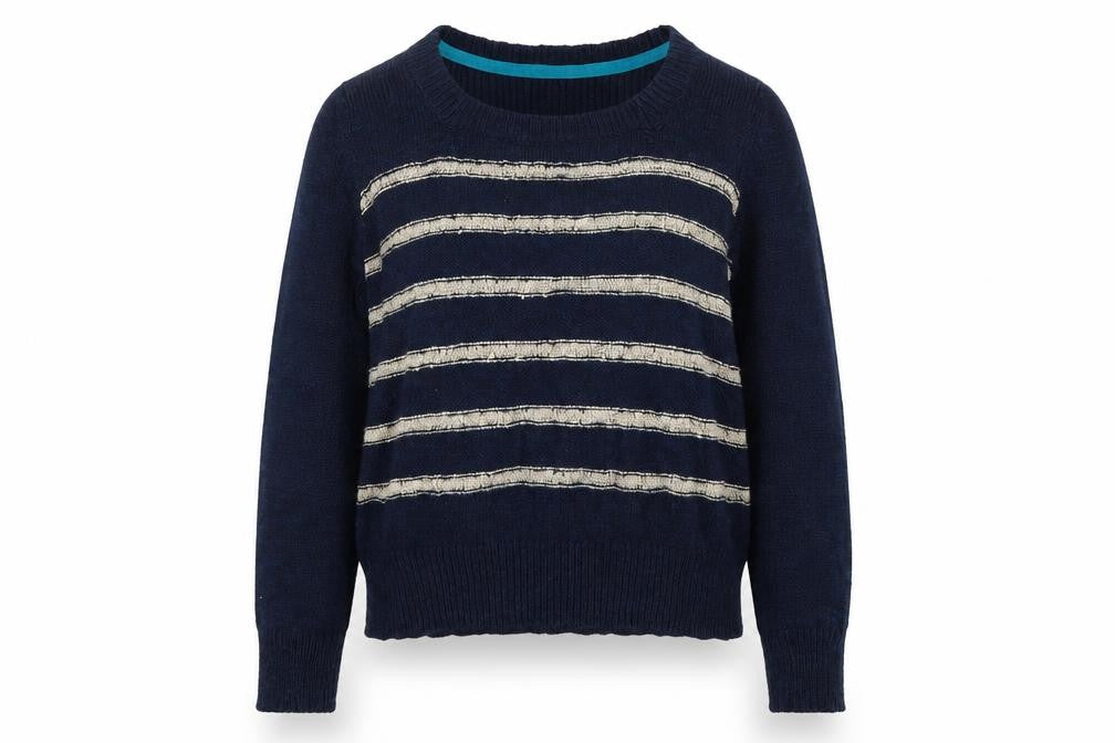 Front view of Preworn women’s blue jumper, size UK 10
