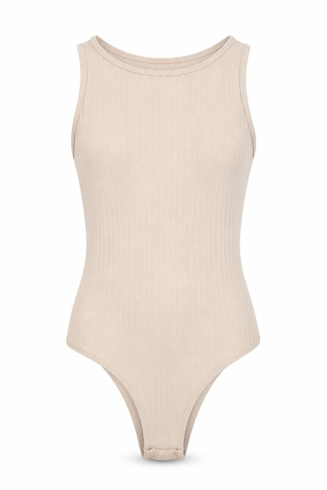 Front view of PRETTYLITTLETHING women’s beige bodysuit one-piece, size UK 4