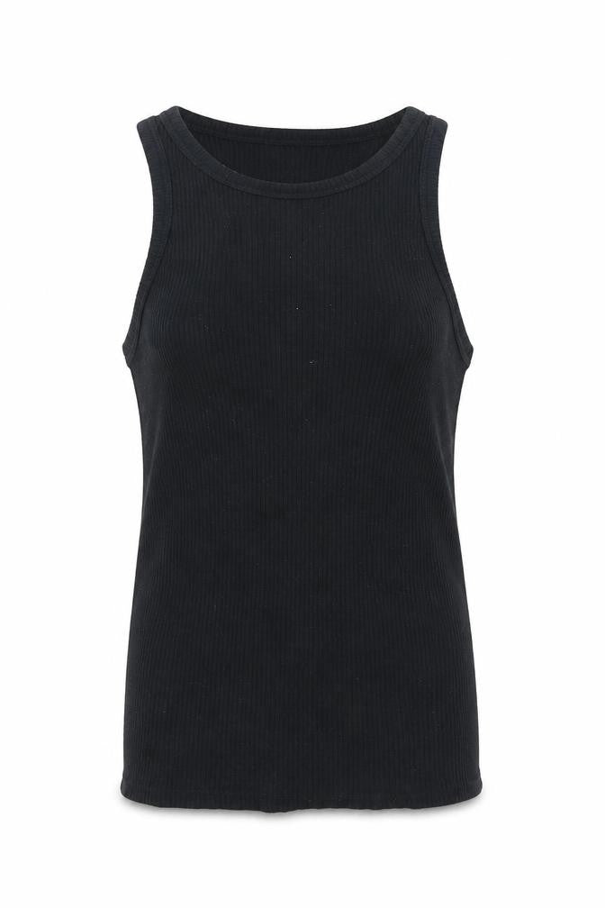 Front view of Topshop women’s black basic tank, size UK 6