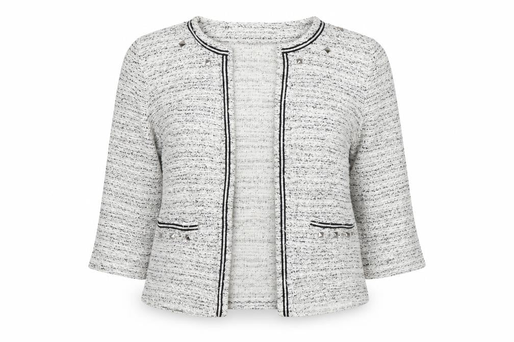 Front view of Next women’s black herringbone jacket, size UK 12