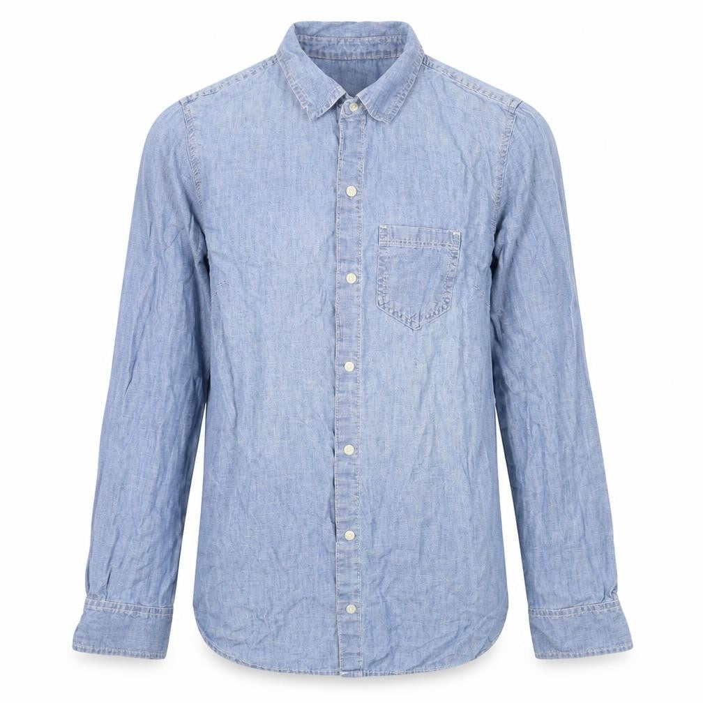 Front view of Gap men’s blue denim button-up, size XS