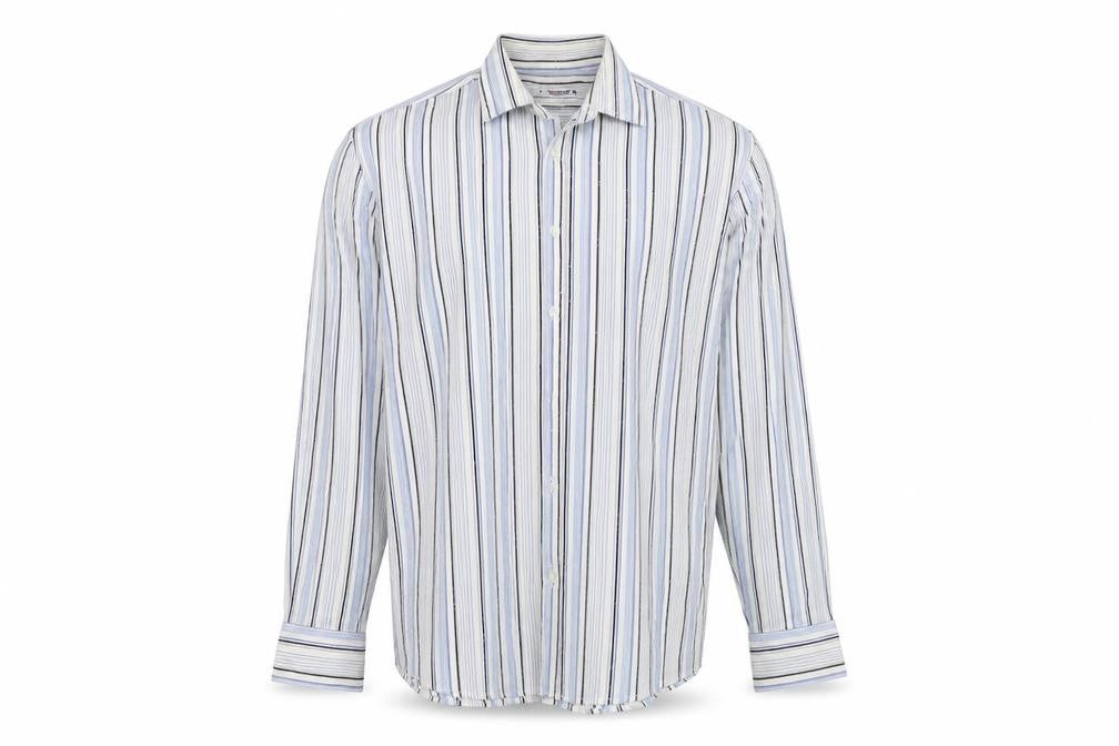 Front view of Burton men’s white striped button-up, size L