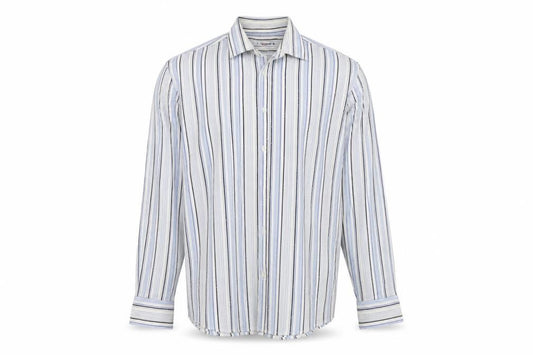 Front view of Burton men’s white striped button-up, size L