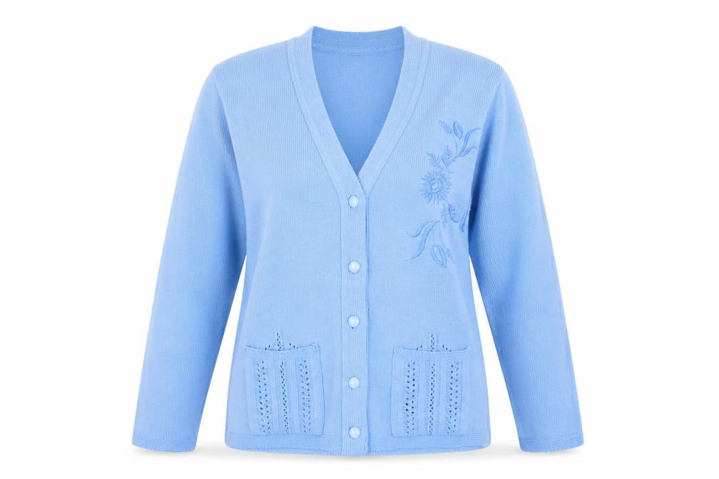 Front view of Florida women’s blue knit cardigan jumper, size M