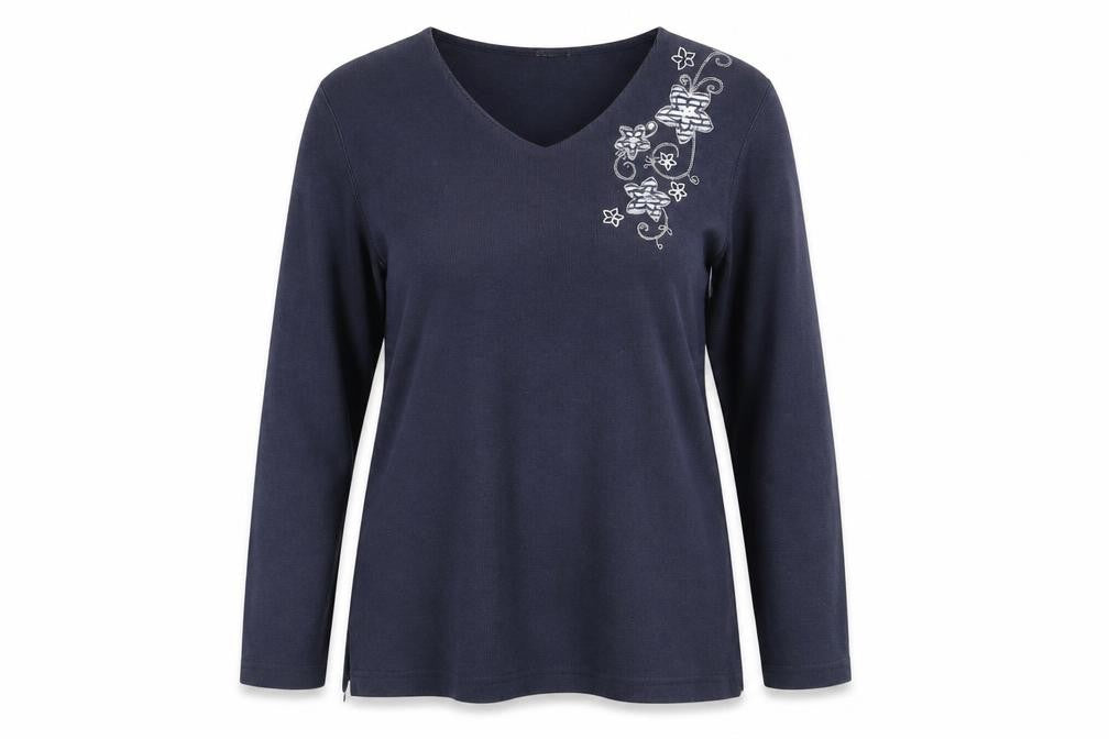 Front view of Bonmarché women’s blue floral knit pullover sweatshirt, size M