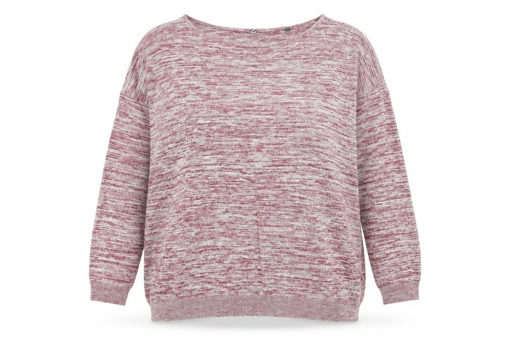 Front view of label be women’s red jumper, size UK 16