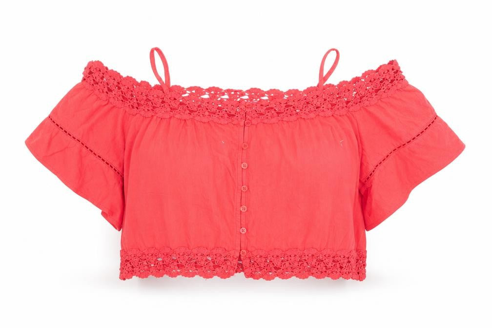 Front view of Primark women’s orange geometric basic blouse, size UK 16, - crop