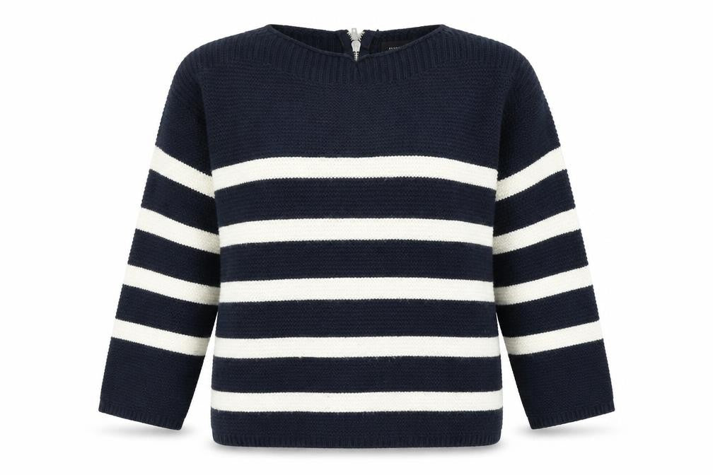 Front view of Atmosphere women’s blue striped knit jumper, size UK 14