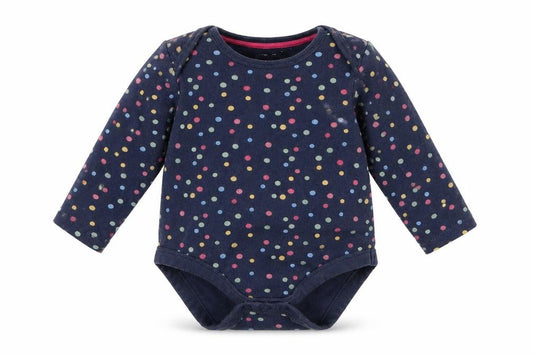 Front view of F&F girls’ blue geometric babygrow one-piece, size 6-9, months