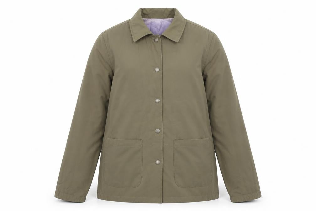 Front view of Danni Mac women’s green quilted coat, size M