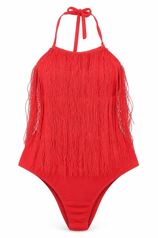Front view of PRETTYLITTLETHING women’s red bodysuit one-piece, size UK 6