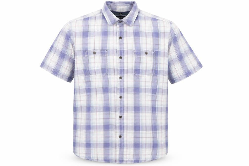 Front view of Boston Crew men’s blue plaid button-up, size L