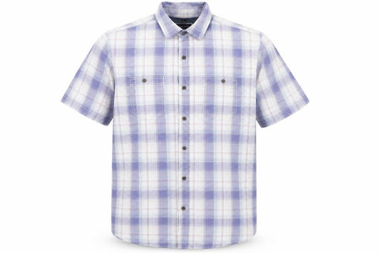 Front view of Boston Crew men’s blue plaid button-up, size L