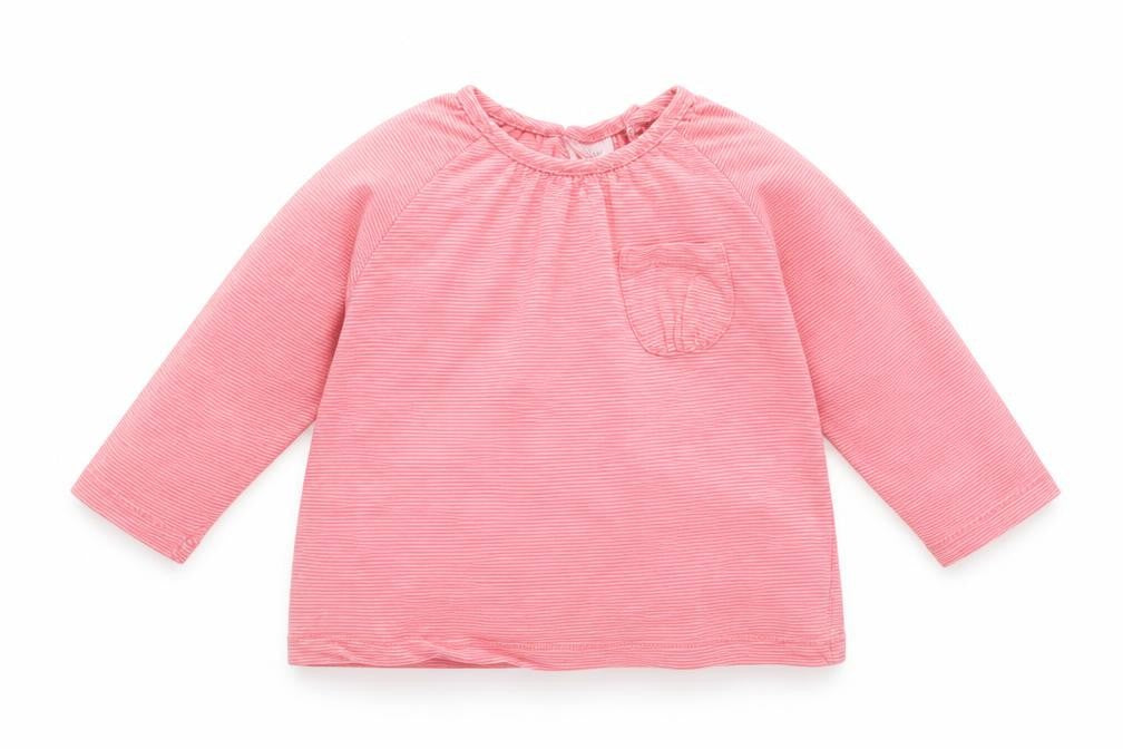 Front view of Next girls’ pink striped basic t-shirt, size 9-12, months
