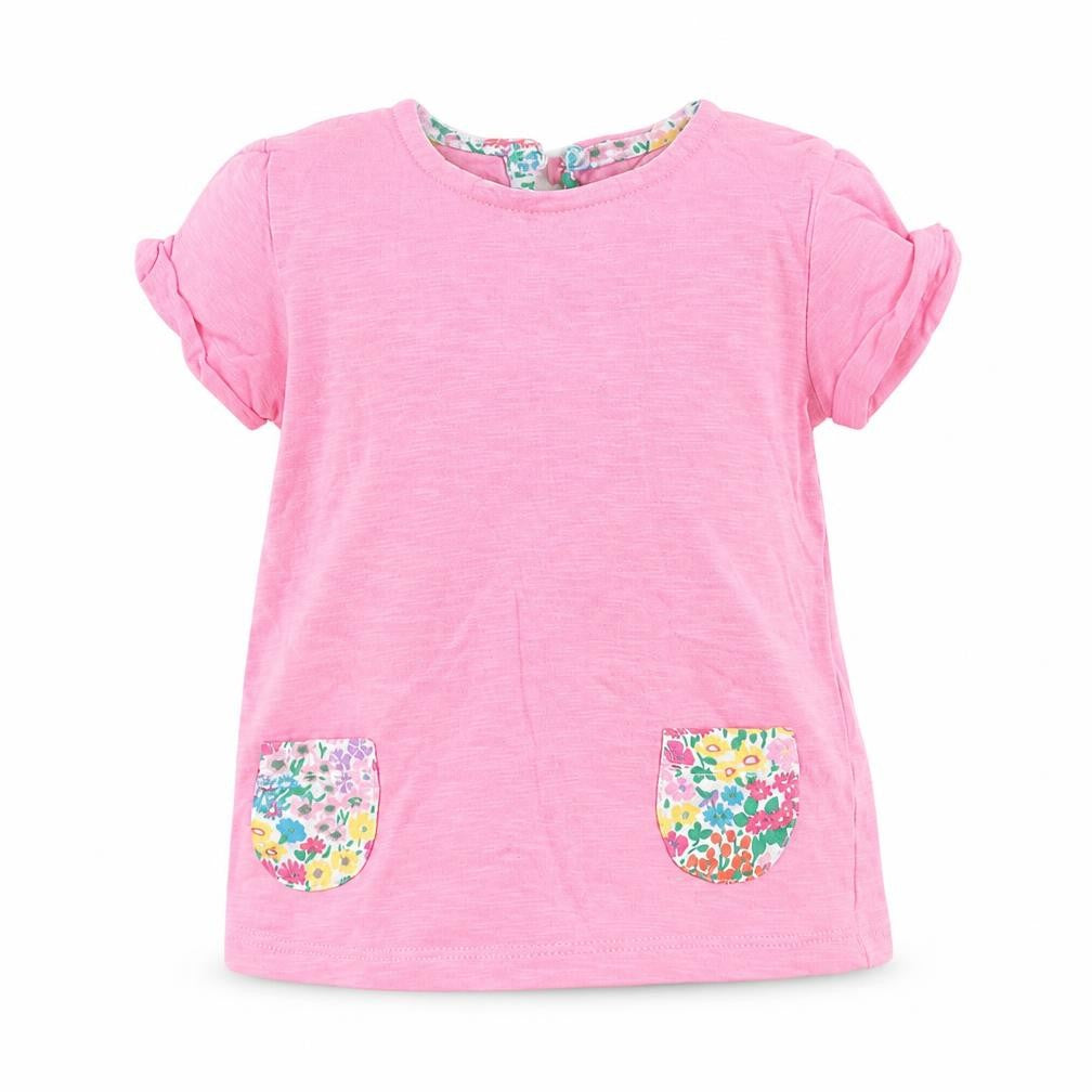 Front view of Next girls’ pink basic t-shirt, size 3-6, months - floral pocket pattern