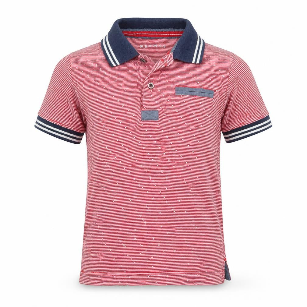 Front view of Nutmeg boys’ red striped basic polo, size 4-5, years