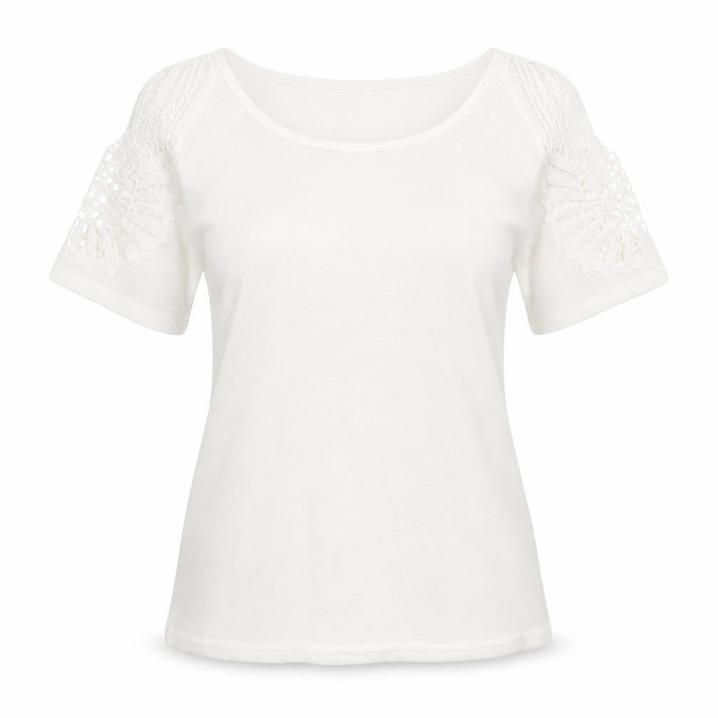 Front view of Preworn women’s white knit jumper, size L, - crochet shoulder