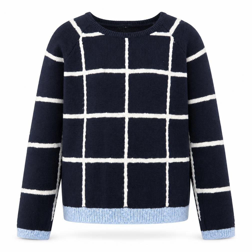 Front view of Next girls’ blue check knit jumper, size 10, years