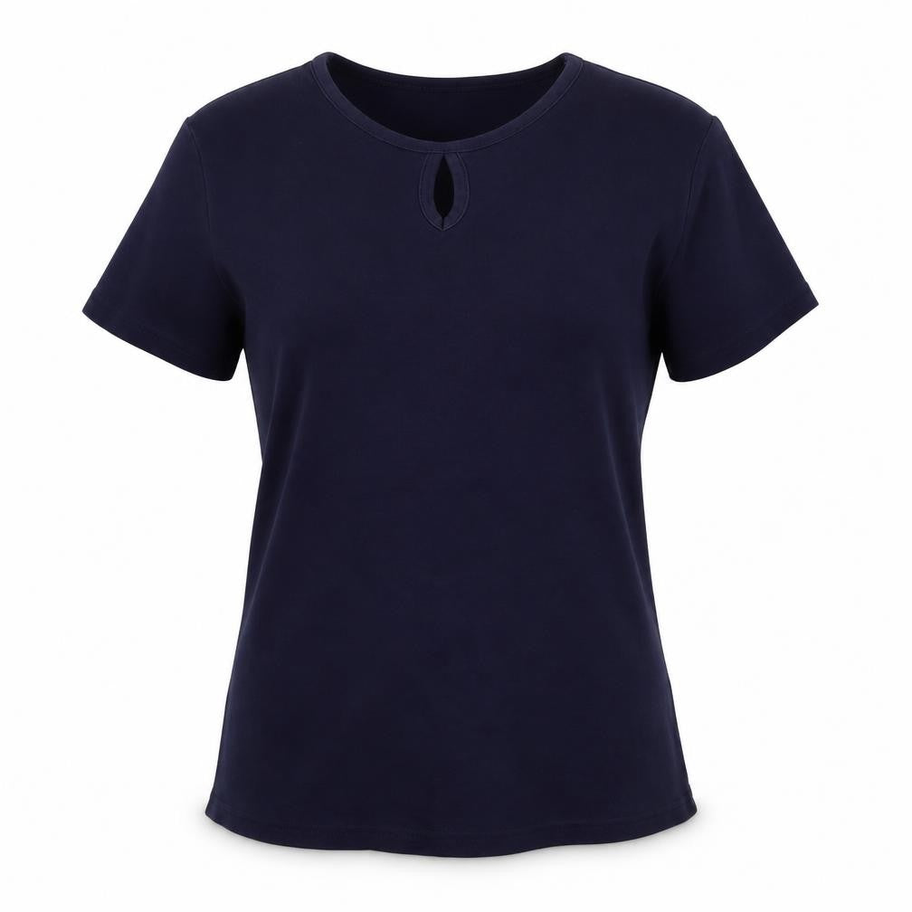 Front view of EWM women’s blue basic t-shirt, size S