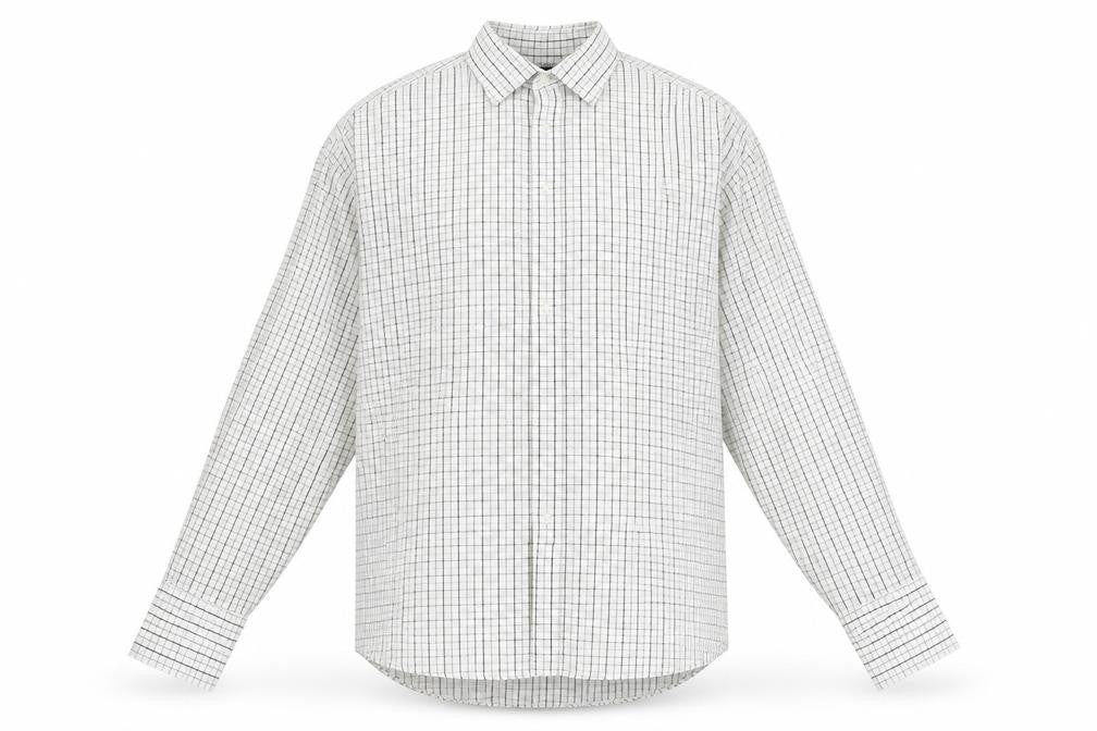 Front view of ventura men’s white check button-up, size 16