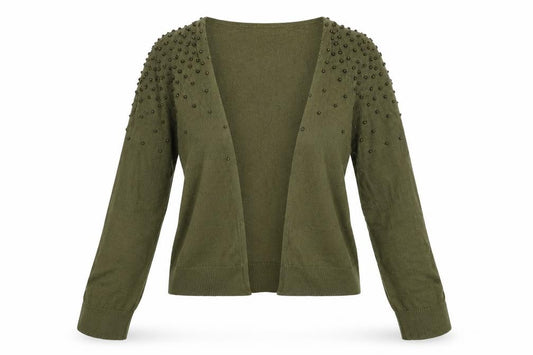 Front view of H&M men’s green cardigan jumper, size S