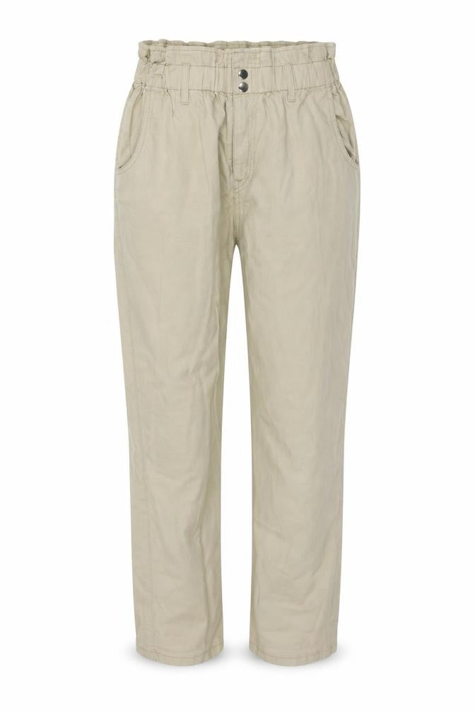 Front view of H&M women’s beige trousers, size UK 12, 27-inch leg