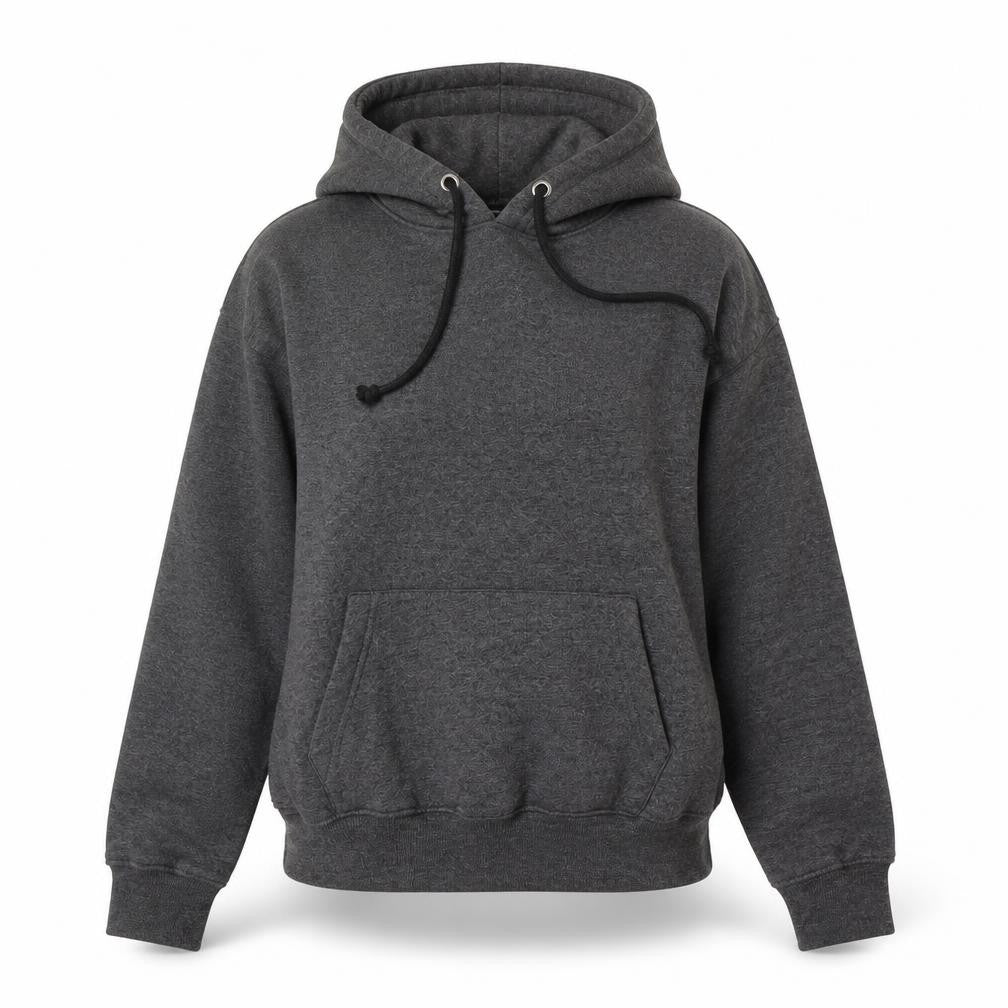 Front view of PRETTYLITTLETHING women’s grey pullover hoodie, size UK 6