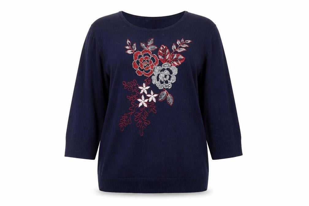 Front view of ANNA ROSE women’s blue floral jumper, size L