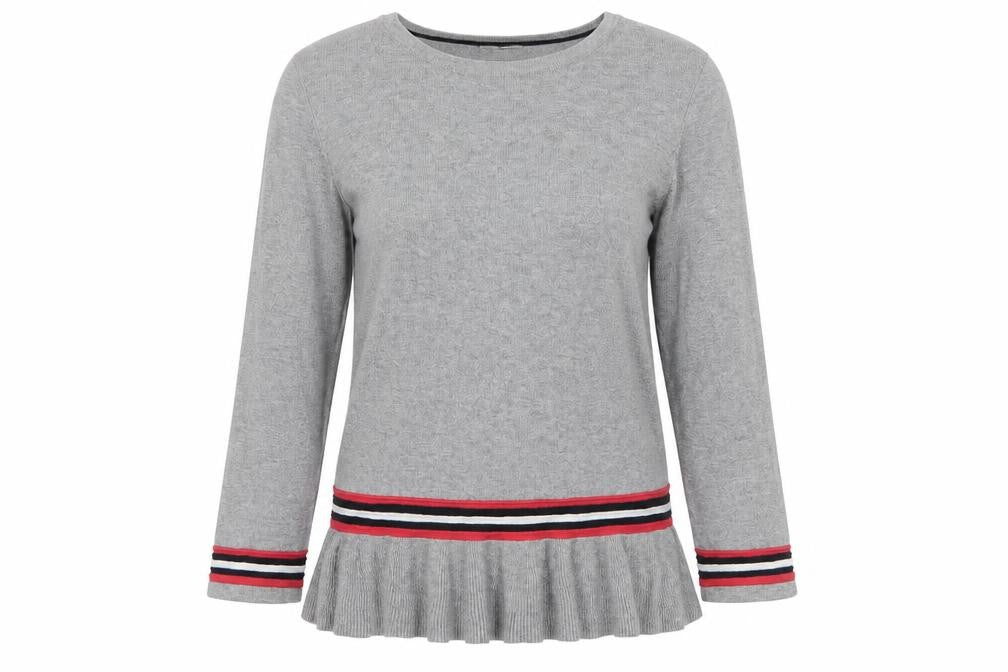Front view of Tu women’s grey striped jumper, size UK 8