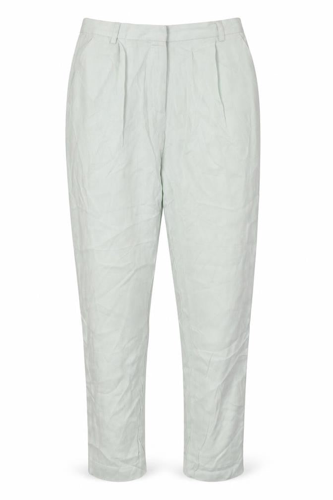 Front view of H&M women’s green trousers, size UK 8, 31-inch leg