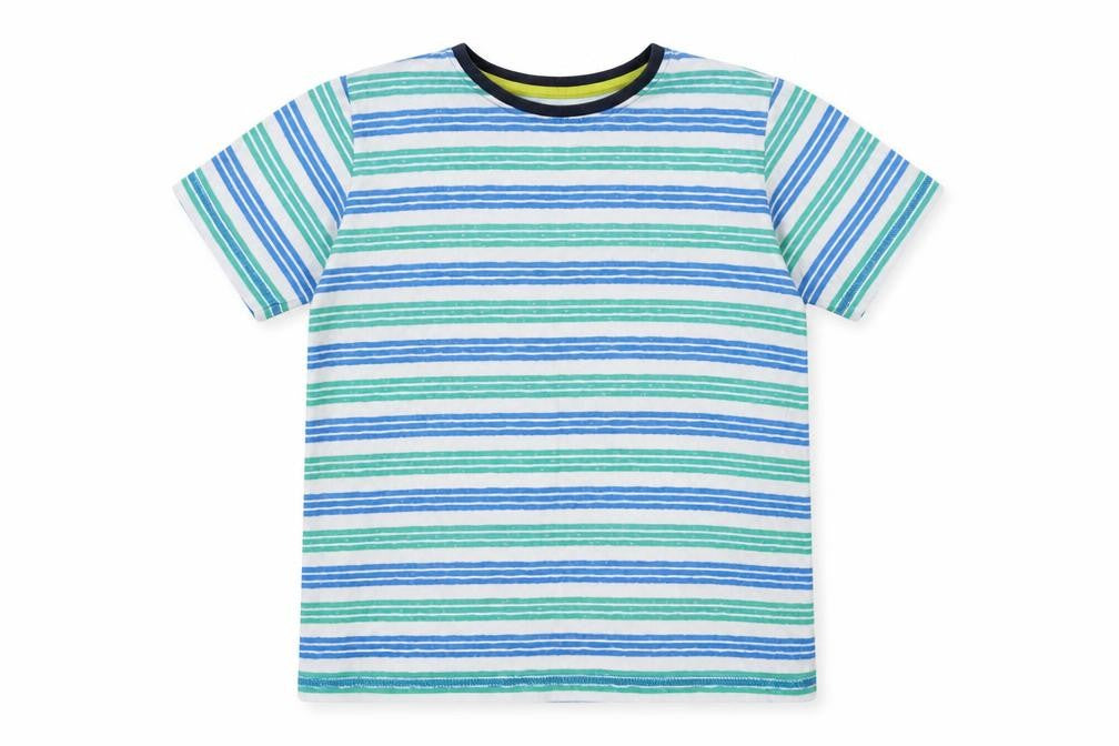 Front view of Nutmeg girls’ green striped basic t-shirt, size 9-10, years
