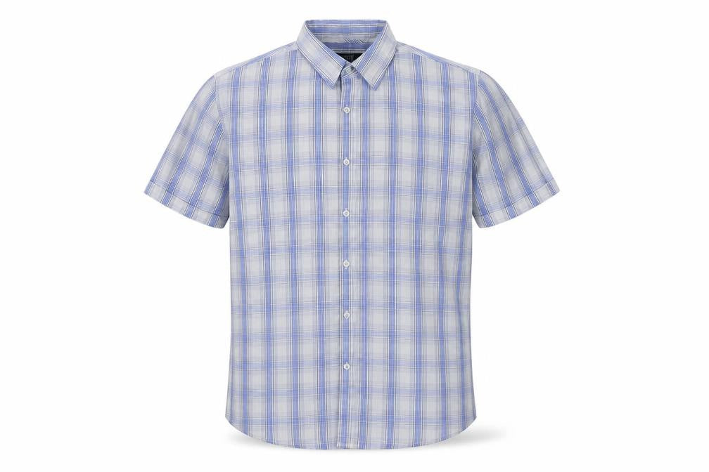 Front view of Thomas Na men’s blue check button-up, size XL