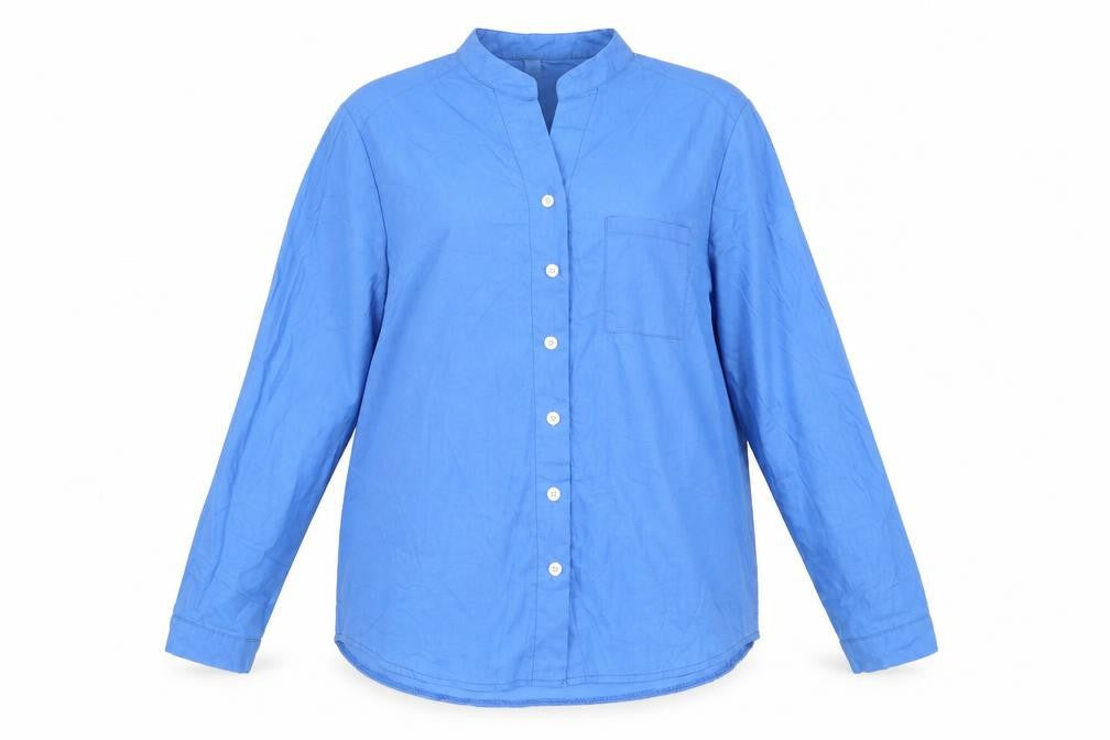 Front view of Dayou women’s blue basic button-up, size 2XL, - mandarin collar