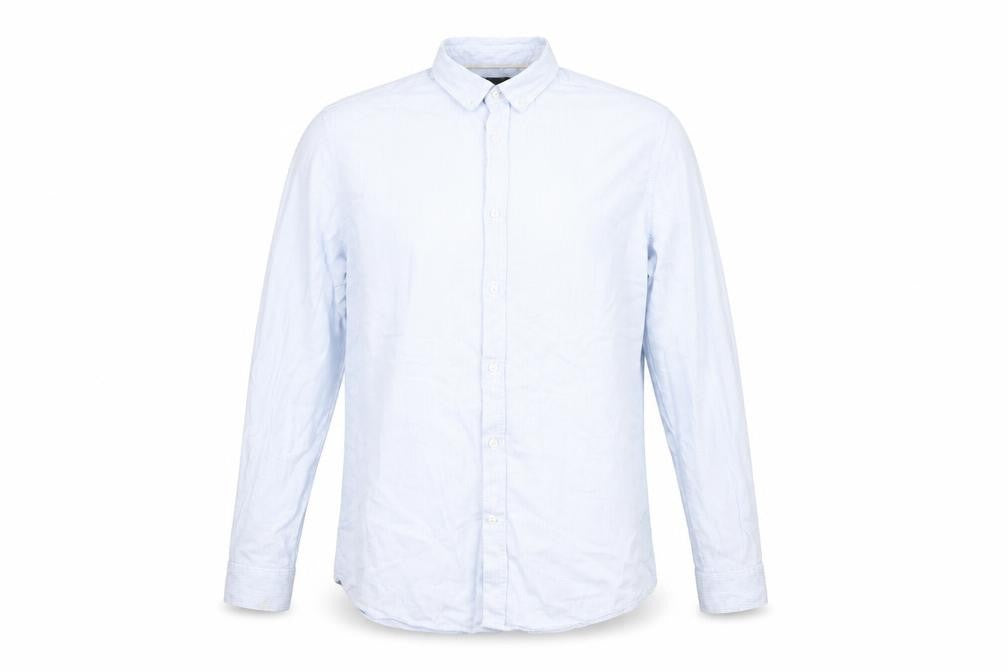 Front view of Cubas AS men’s blue striped button-up, size L, - buttoned collar - fine stripe