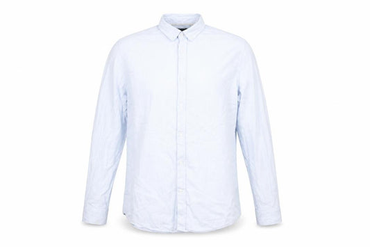 Front view of Cubas AS men’s blue striped button-up, size L, - buttoned collar - fine stripe