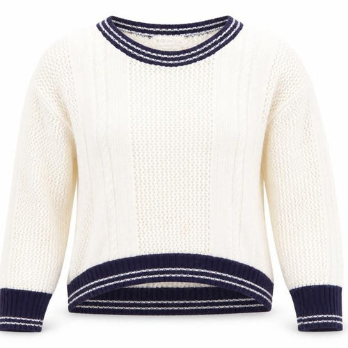 Blonde & Blonde  Womens Ivory   Pullover Jumper Size 14  - Cable & Open Knit Blue Neck Hem Cuff Trim