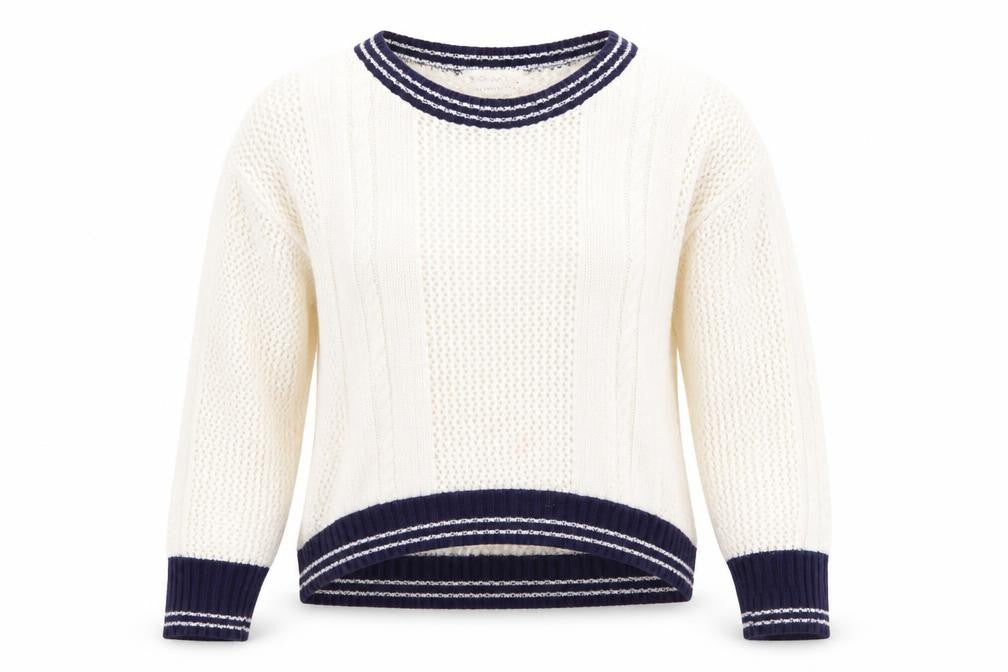 Blonde & Blonde  Womens Ivory   Pullover Jumper Size 14  - Cable & Open Knit Blue Neck Hem Cuff Trim