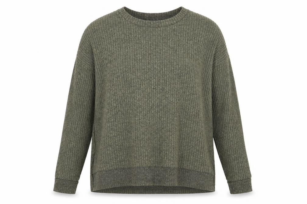 Front view of Primark women’s green striped jumper, size L, - soft feel vertical stripe