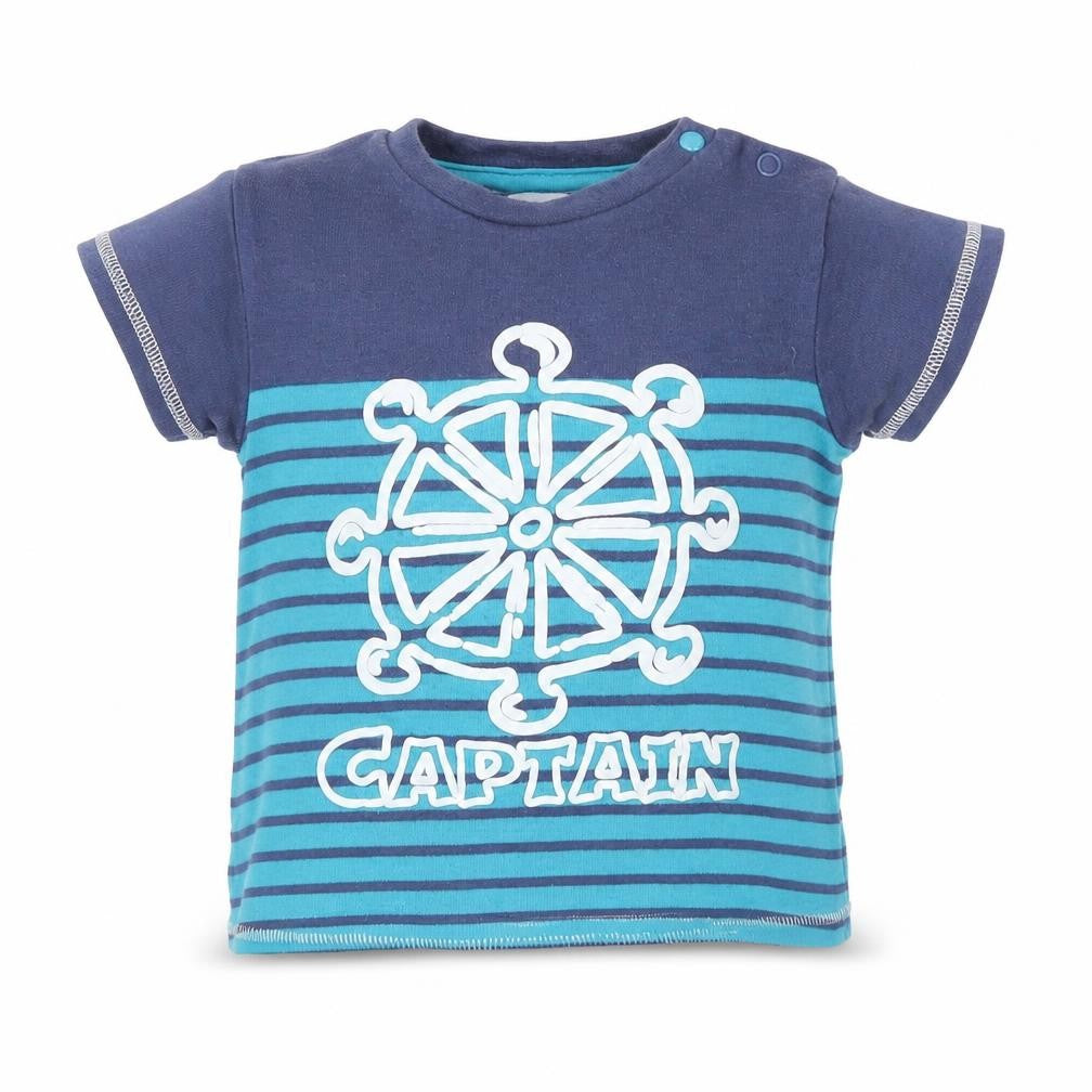 Front view of Mini Club Baby Blue Striped Basic T-Shirt, size 12-18, Months