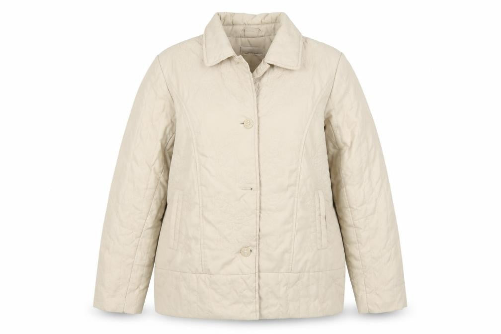 Front view of Northmoor women’s beige floral jacket, size UK 14