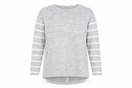 Front view of Next women’s grey striped jumper, size UK 14