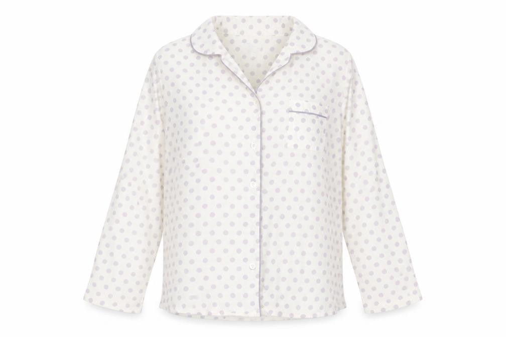 Front view of Marks & Spencer women’s white polka dot basic button-up, size UK 12