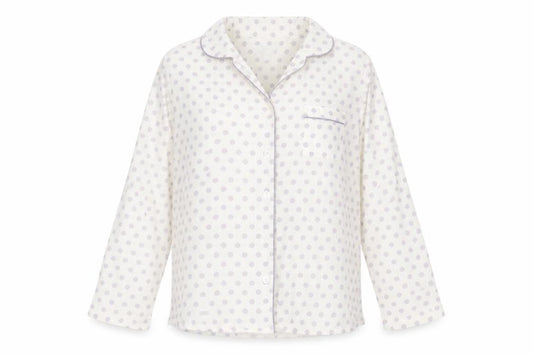 Front view of Marks & Spencer women’s white polka dot basic button-up, size UK 12